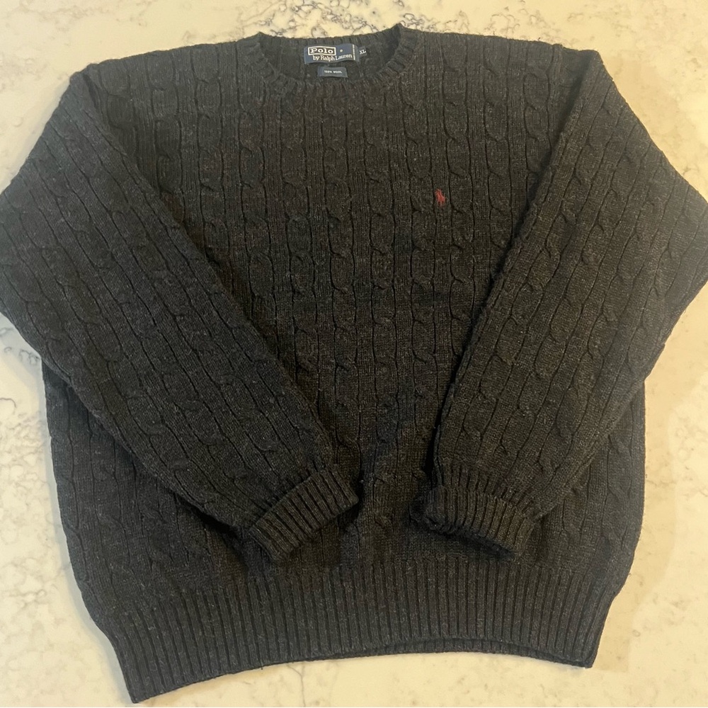 Polo by Ralph Lauren Pullover Sweater XL Chunky Cable knit Pony Gray 100% Wool